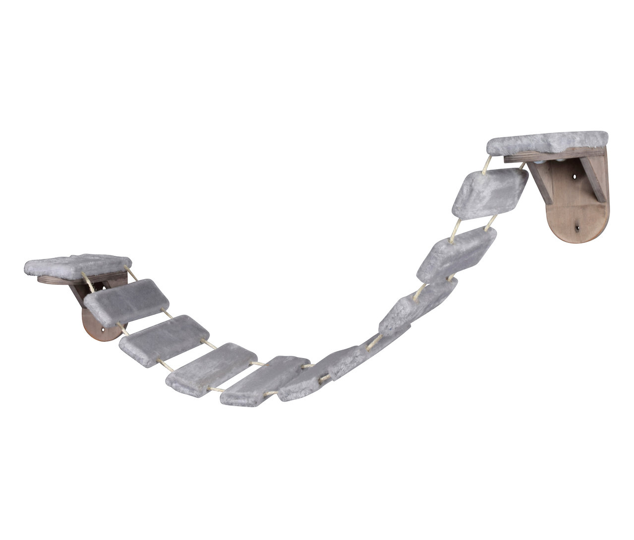 Graues Katzenmöbel-Set mit Holzelementen und Plattformen, die mit Seilen verbunden sind.