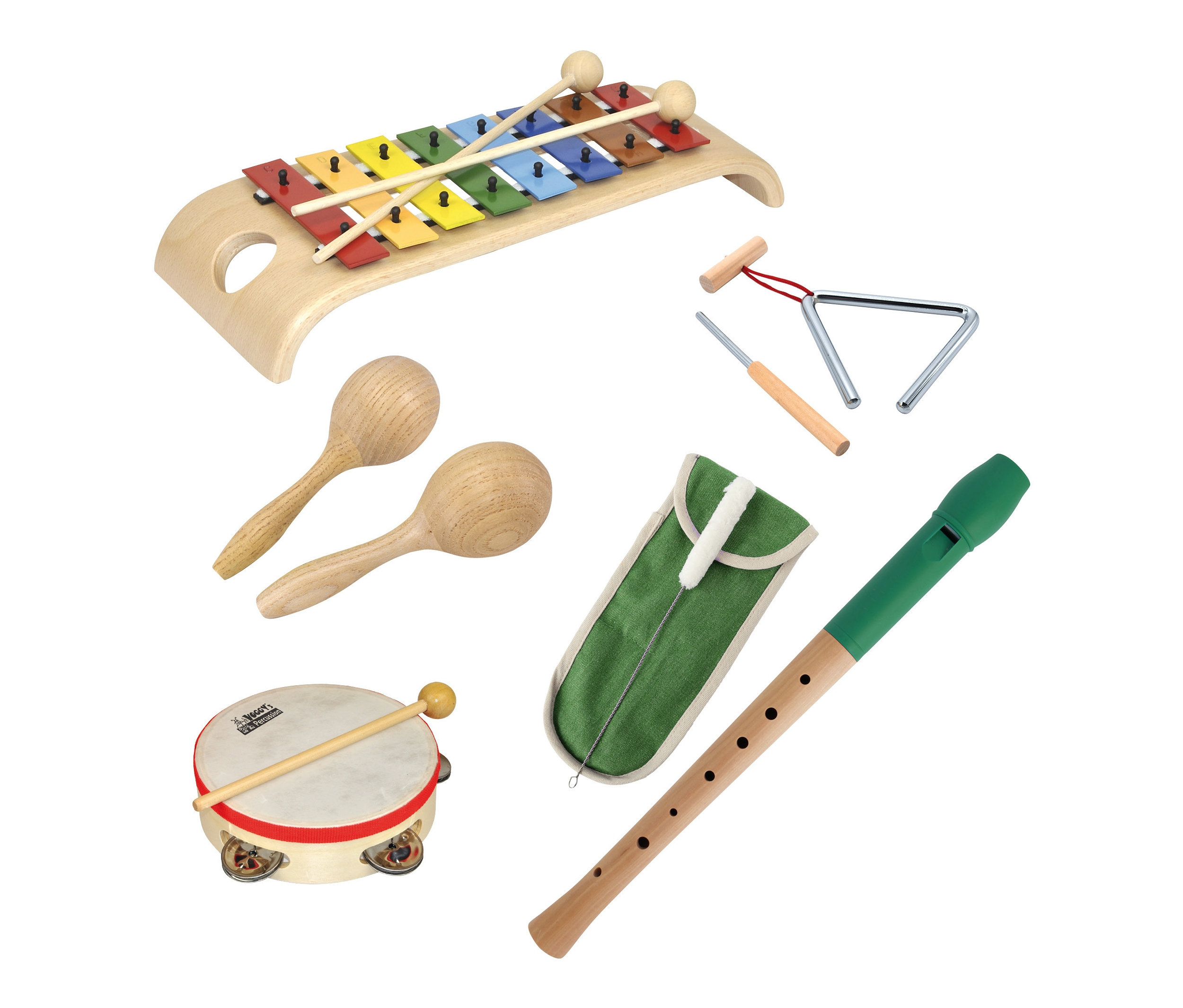 Voggenreiter-Kinderinstrumente-Set mit Xylophon, Tamburin, Maracas, Triangel und Flöte.