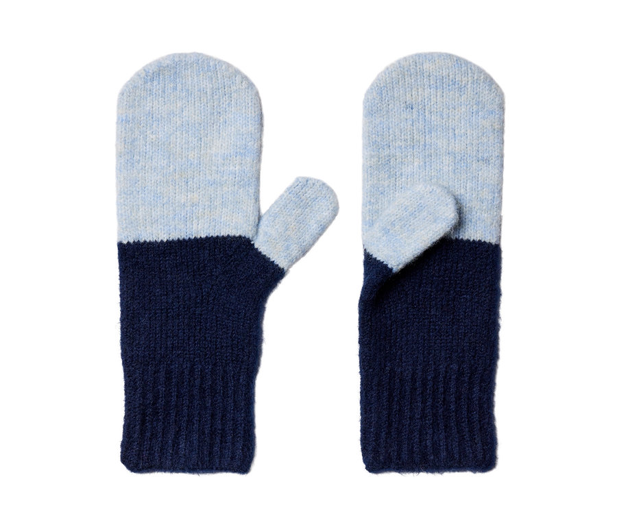 Zwei dunkelblaue Strick-Fäustlinge.