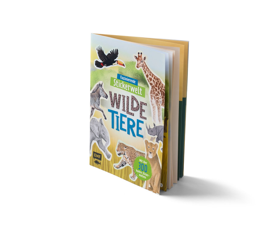 Offenes Stickerbuch »Faszierende Stickerwelt – wilde Tiere« zeigt Illustrationen von Wildtieren.