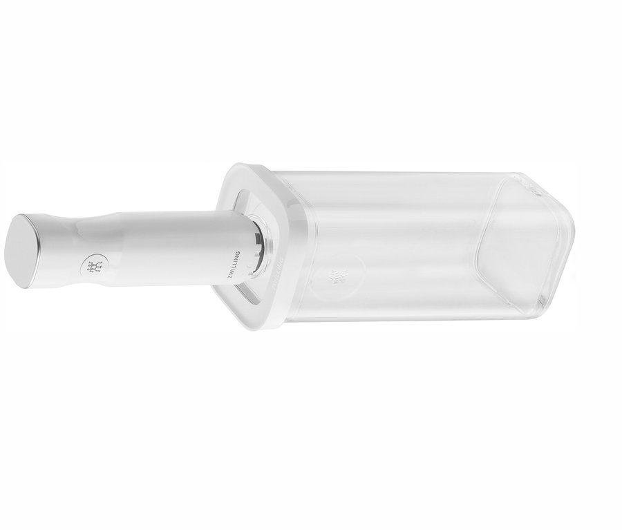 Eine weiße ZWILLING FRESH & SAVE CUBE Vakuumpumpe sitzt auf einem durchsichtigen Behälter.