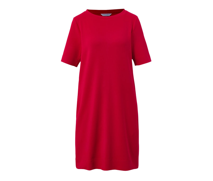 Rotes Sweatkleid mit kurzen Ärmeln.