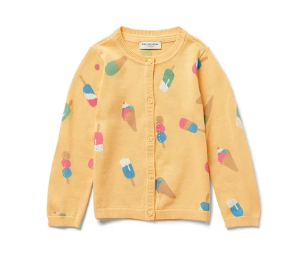 Gelbe Kinder-Strickjacke mit Eiscreme-Muster.