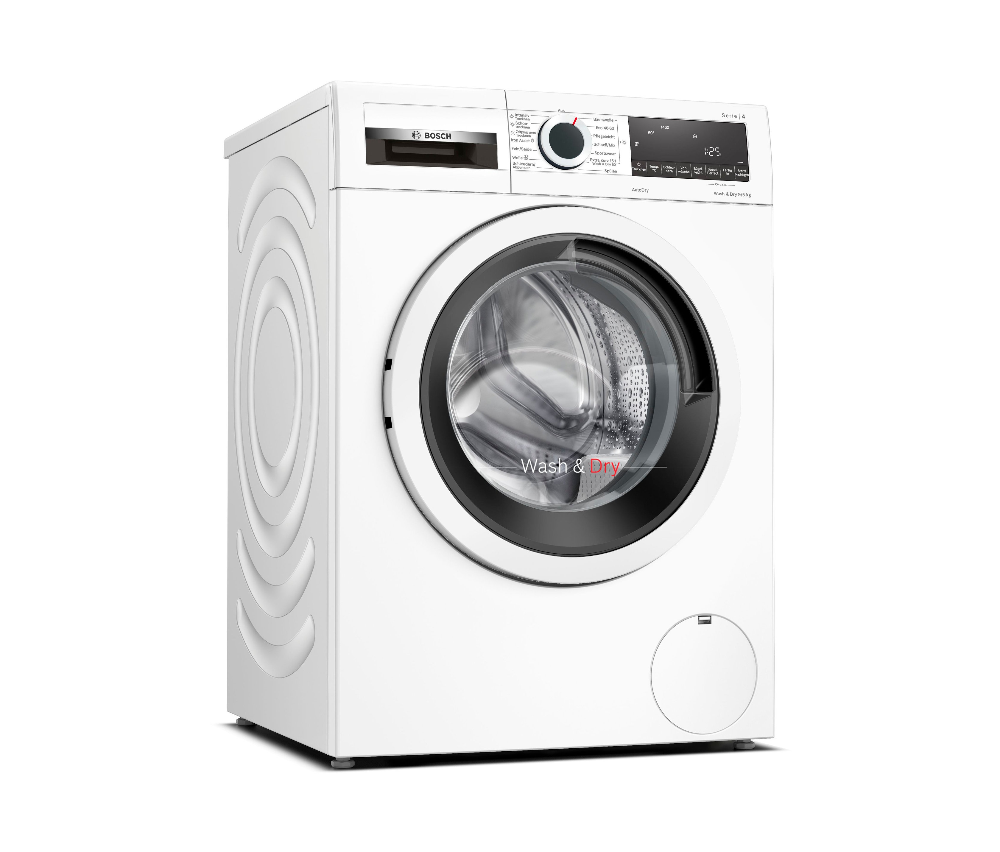Weißer Bosch Waschtrockner »WNA13441« mit schwarzen Details und silberner Trommel.