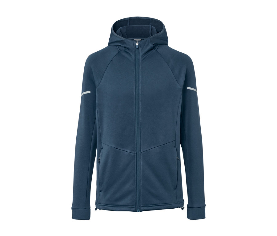 Blaue Thermojacke mit Reißverschluss und Kapuze.