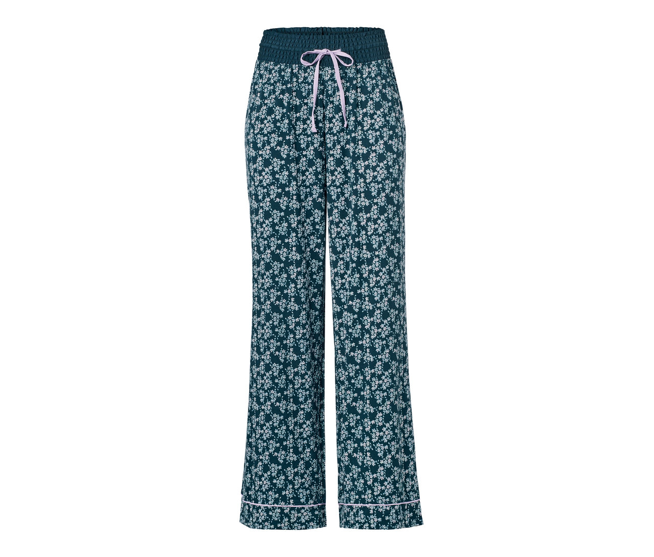 Abgebildet ist eine Relaxhose mit einem dunkelgrünen Hintergrund, einem zarten weißen Blumenmuster und einem hellrosa Kordelzug.