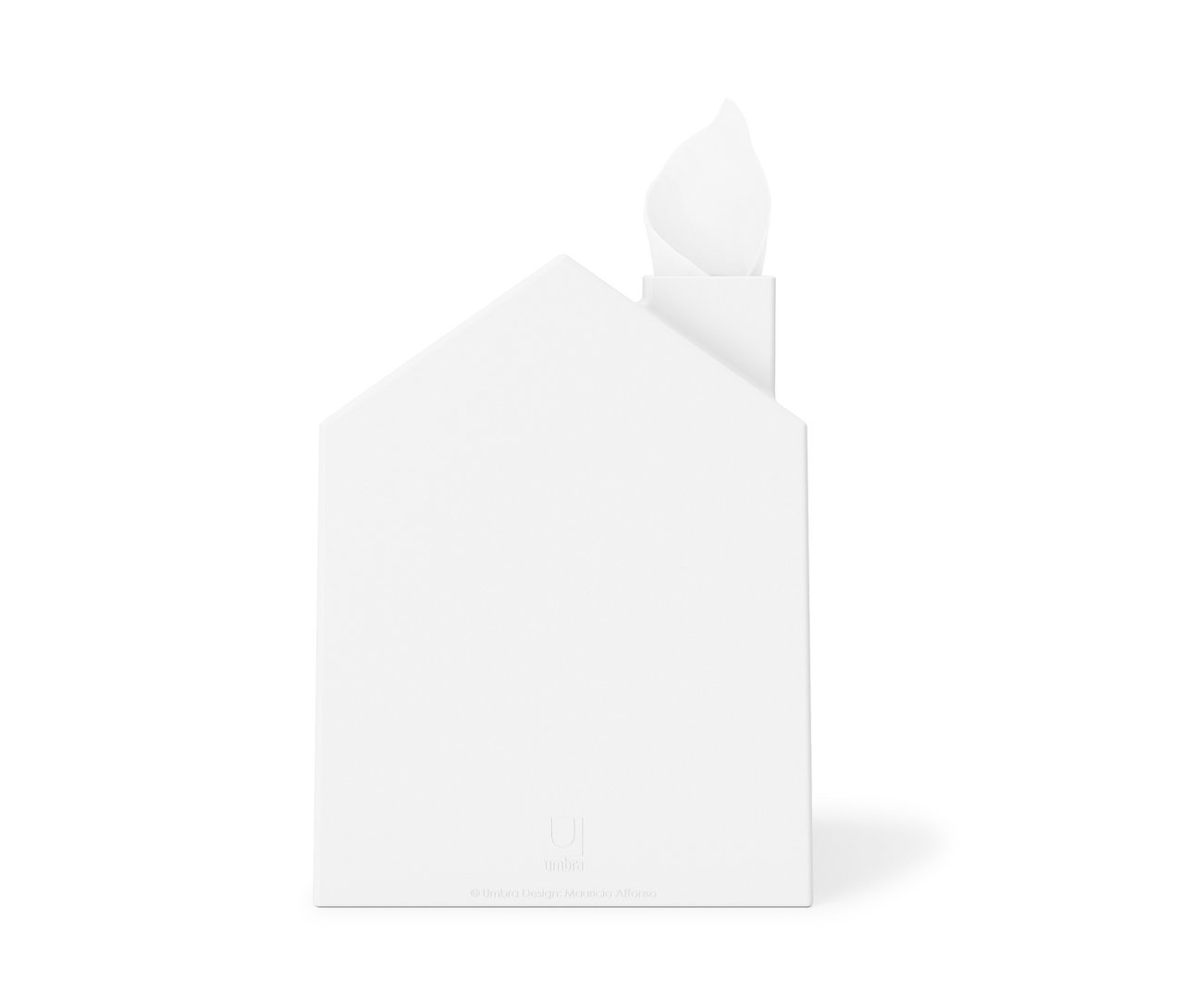 Eine weiße Kosmetiktücher-Box »Casa« in Form eines Hauses, aus dem Schornstein ragt ein Kosmetiktuch.
