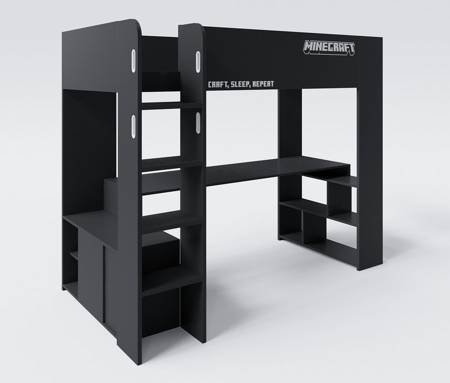 Schwarzes roba Minecraft Gaming-Bett mit Schreibtisch und Stauraum.