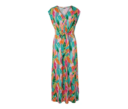 Langes Jerseykleid mit Knoten und buntem Blattmuster.