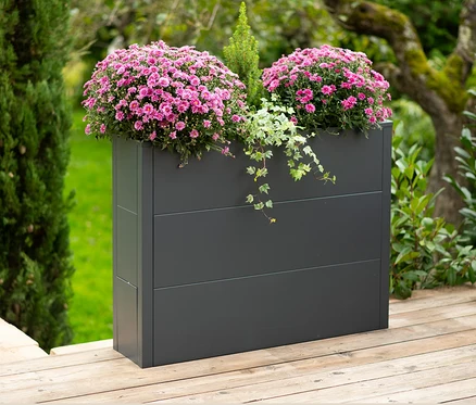 Nahaufnahme eines grauen, rechteckigen Pflanzkastens mit rosa Blumen.