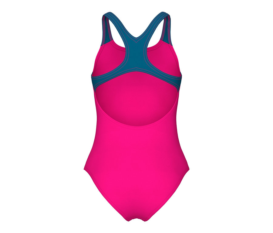 Detailansicht der Rückseite eines pinken Badeanzugs mit blauen Trägern. arena Kinder-Badeanzug Swim Pro Back Graphic.
