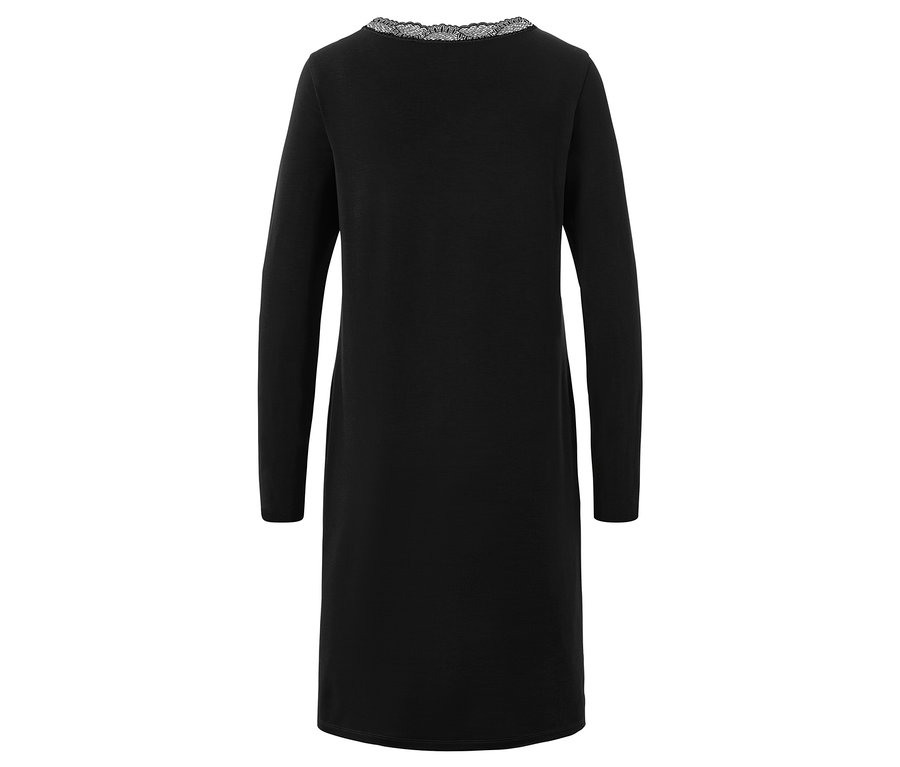 Rückansicht eines schwarzen, langärmligen Kleides mit Spitzenbesatz am Halsausschnitt.