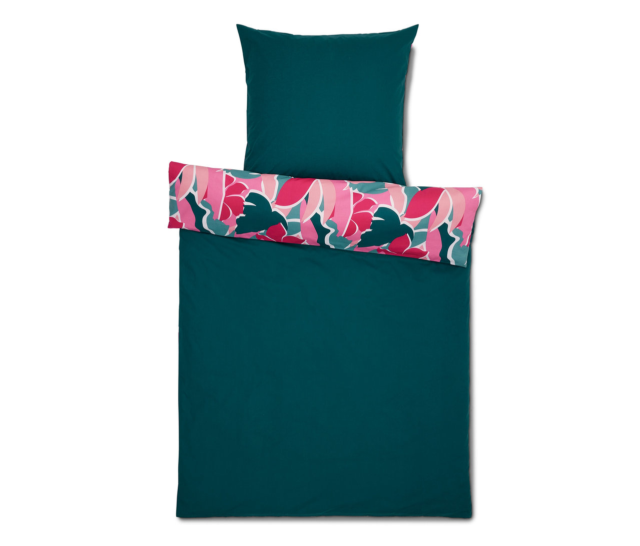 Dunkelgrüne Perkal-Bettwäsche in Normalgröße und Übergröße mit Blumenmuster.