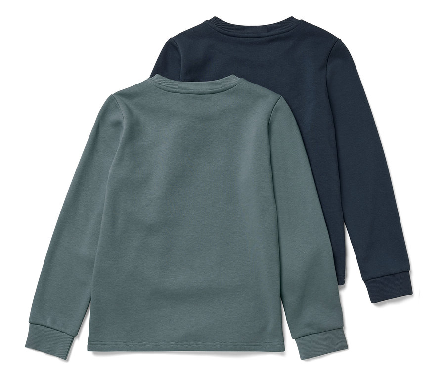 Zwei Kinder-Sweatshirts mit angerauter Innenseite, blau und salbei.