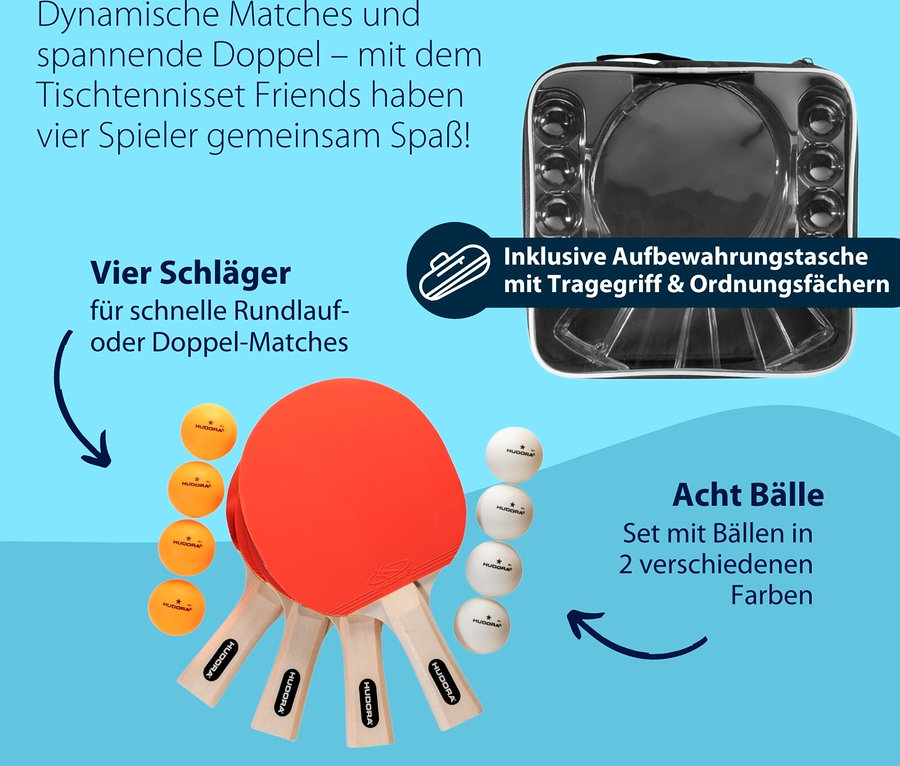 Hudora Tischtennis-Set »Tournament« mit vier Schlägern, acht Bällen in zwei Farben und einer Aufbewahrungstasche.