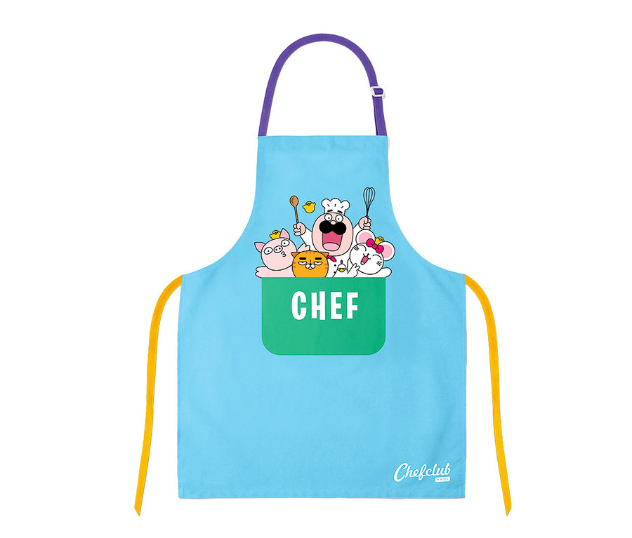 Hellblaue Chefclub Koch-Set Schürze mit Comicfiguren und grüner Tasche.