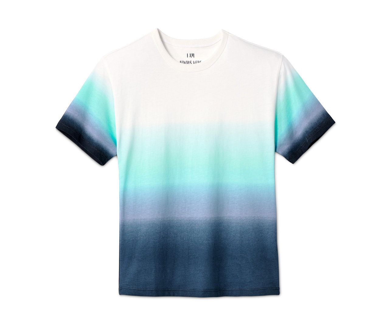 Weißes T-Shirt aus Bio-Baumwolle mit Farbverlauf von Weiß über Türkis bis Dunkelblau.
