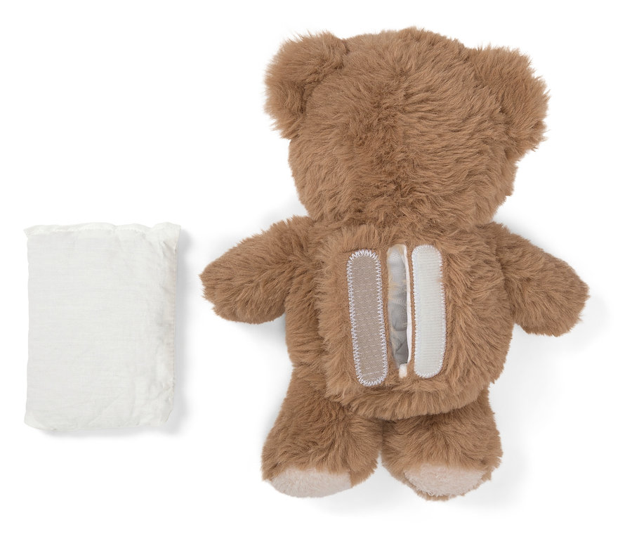 Rückansicht eines Teddybären mit offenem Klettverschluss auf der Rückseite und einer weißen Tasche daneben.