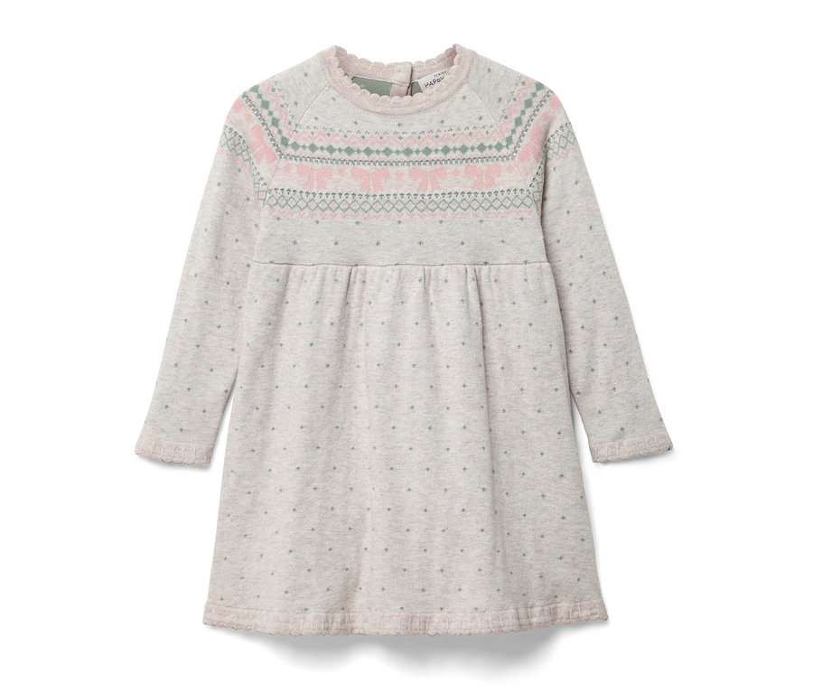 Graues, langärmeliges Kleid mit Muster auf der Brust.