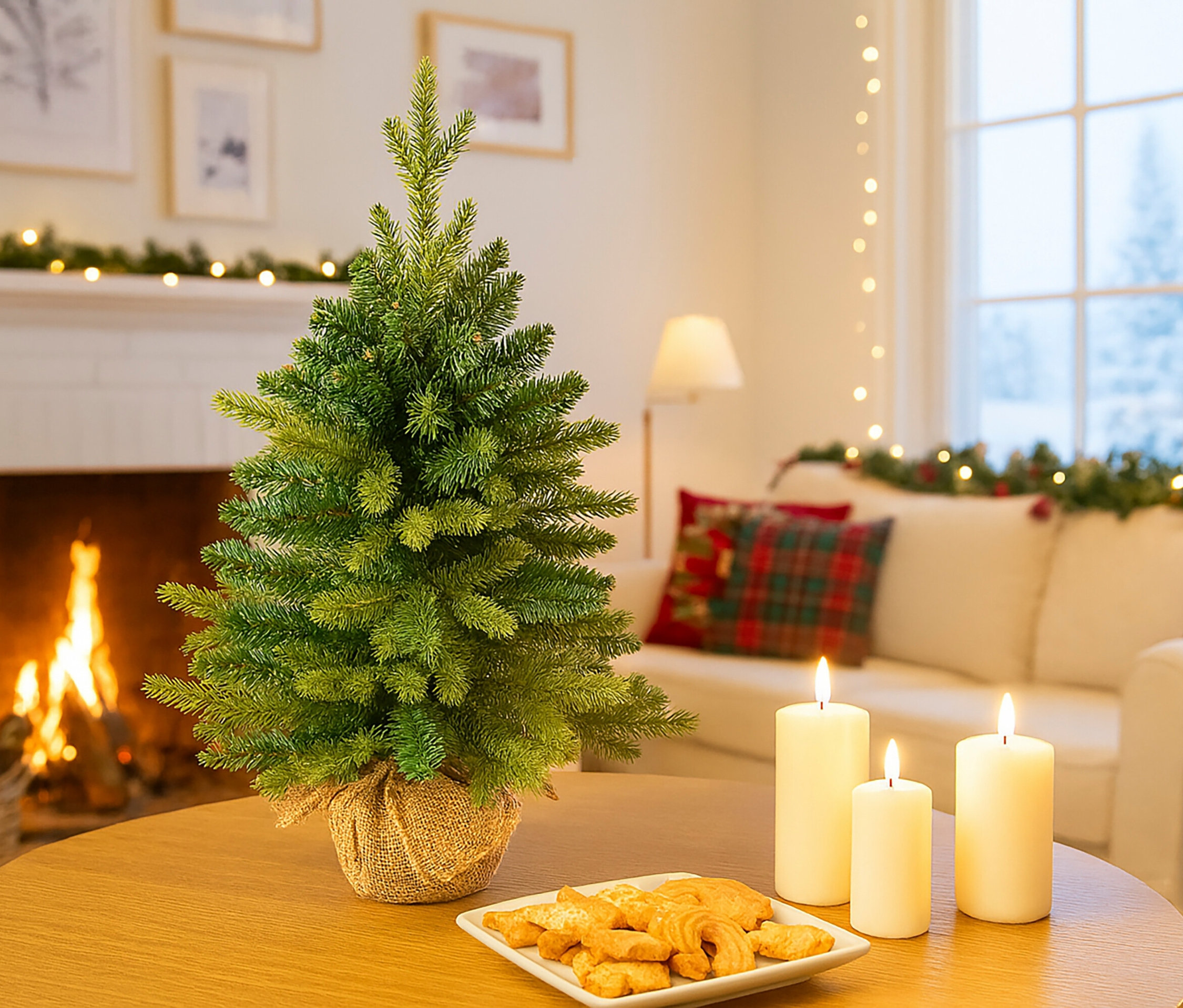 Im Wohnzimmer steht auf einem Holztisch ein kleiner Weihnachtsbaum, daneben brennen drei weiße Kerzen und ein Teller mit Keksen liegt bereit. Im Hintergrund brennt ein Kamin.