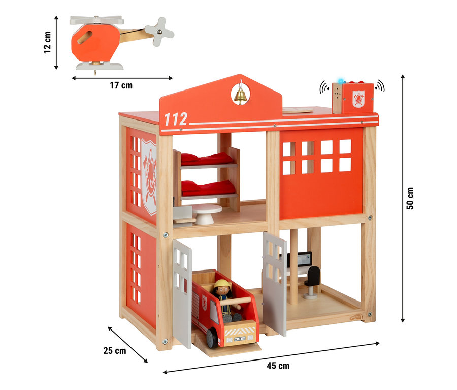 Holzfeuerwache mit Feuerwehrauto und Hubschrauber.