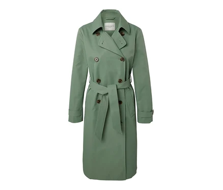 Ein hellgrüner Trenchcoat mit Gürtel und braunen Knöpfen.
