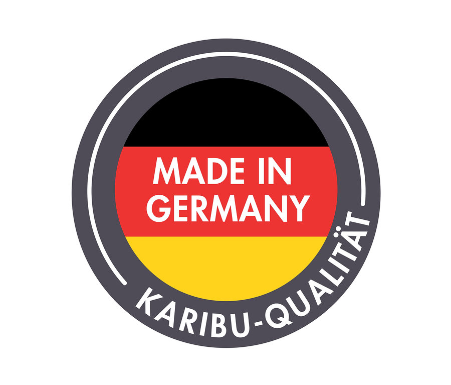 Runder Aufkleber mit deutscher Flagge, der "MADE IN GERMANY" und "KARIBU-QUALITÄT" zeigt.