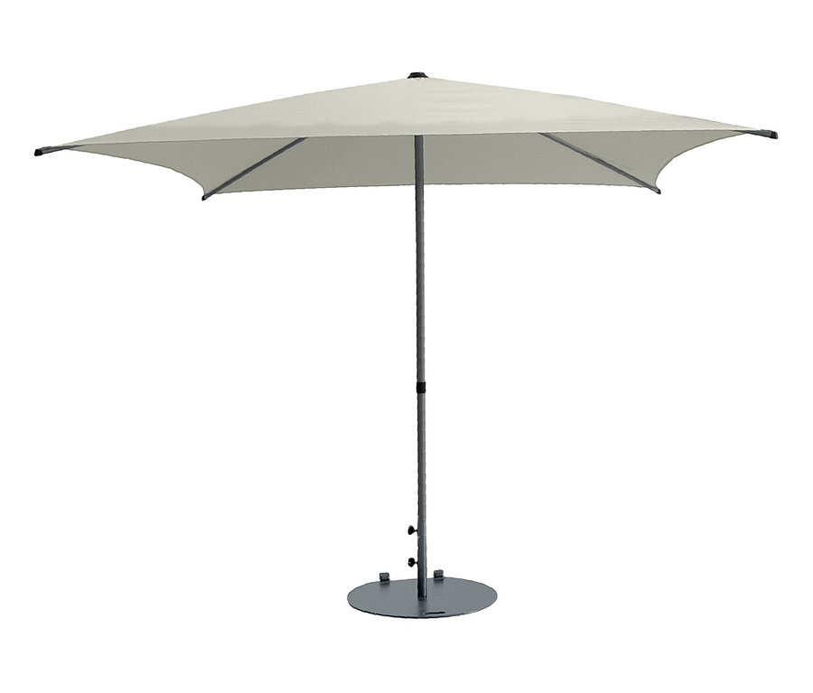 Geöffneter, hellgrauer Leco Marktschirm*, 250 x 250 cm, inklusive Abdeckhaube.