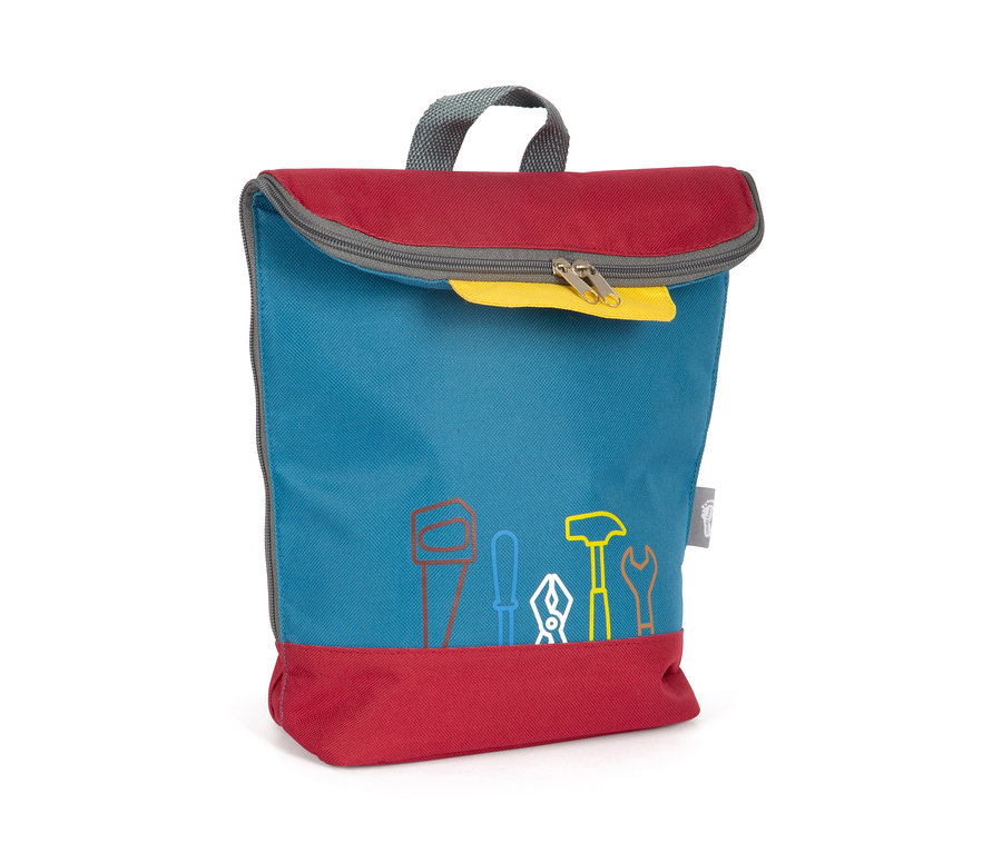 Ein blau-roter Werkzeugrucksack »Workshop« von small foot mit Werkzeug-Illustrationen.