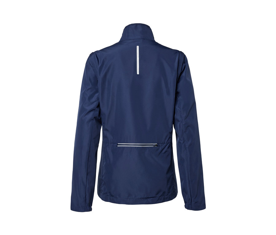 Detailaufnahme der Rückseite einer marineblauen 2-in-1-Fahrradjacke.