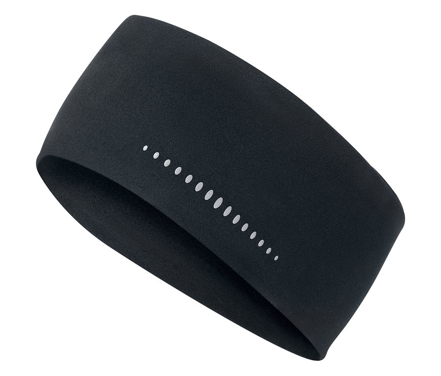 Schwarzes Sportstirnband mit reflektierenden Punkten auf weißem Hintergrund.