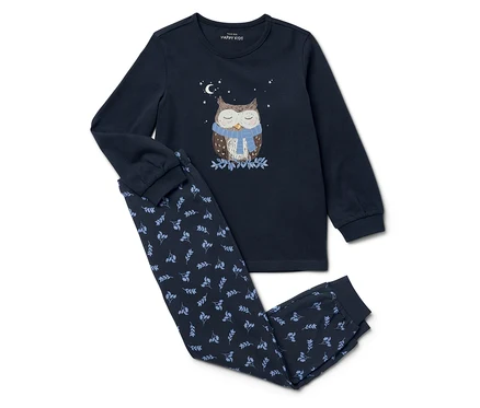 Marineblauer Schlafanzug mit langen Ärmeln und Hosen mit Blättermuster und einer Eule mit Schal.