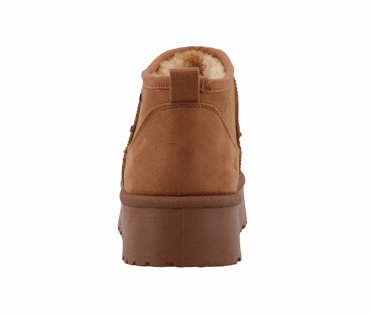 Detailansicht eines braunen Stiefels mit Fellfutter.