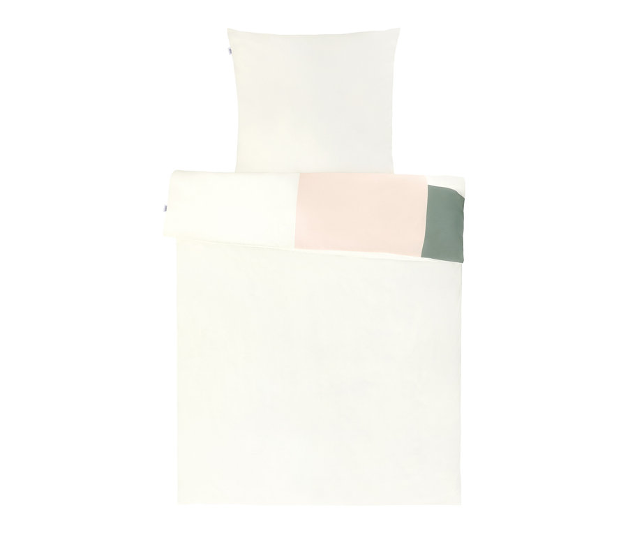 Weiße Bettwäsche mit rosa und grünem Streifen. SCHÖNER WOHNEN-Kollektion Bettwäsche.