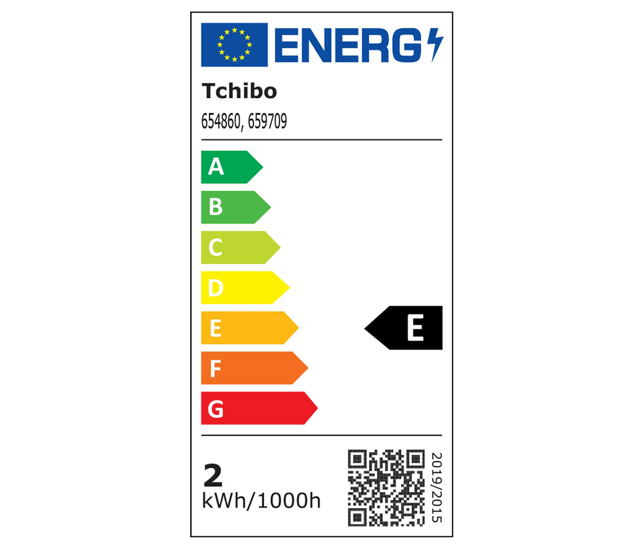 Tchibo Energieetikett mit den Klassen A bis G, wobei E hervorgehoben ist.
