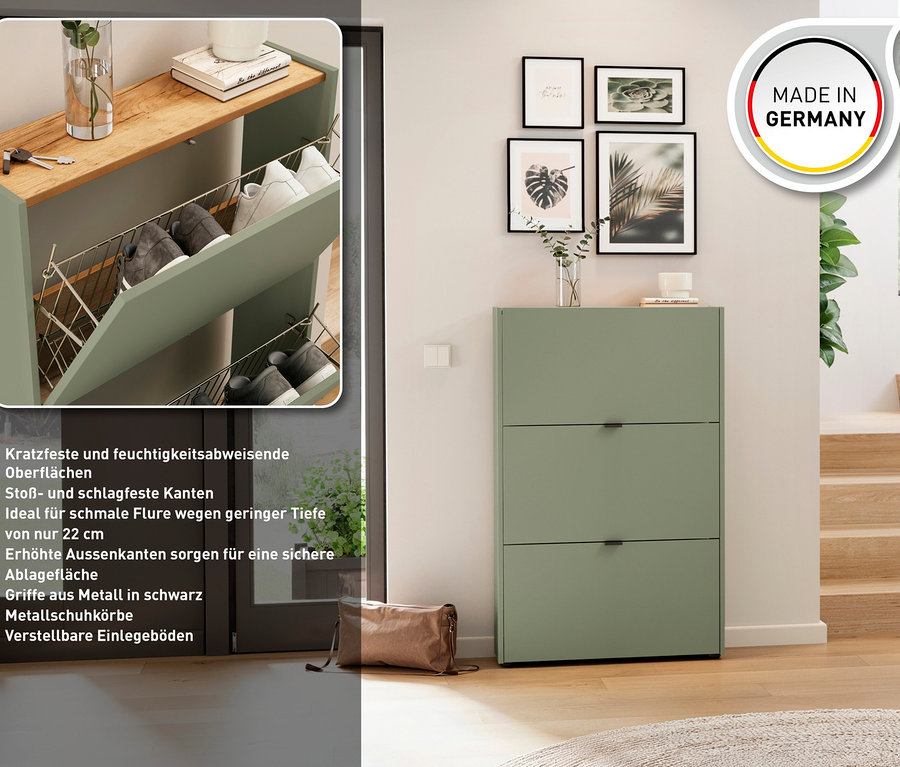 Ein grüner Schuhschrank mit drei Kippfächern für Schuhe. Auf der Oberseite des Schuhschranks befinden sich eine Vase und Bücher. An der Wand hinter dem Schuhschrank hängen vier gerahmte Bilder.