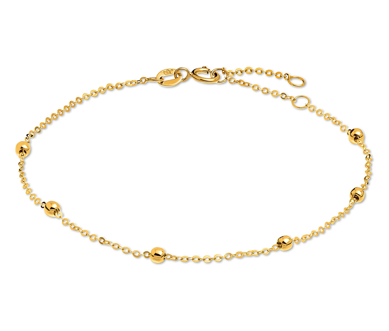 Detail eines goldenen Armbands mit kleinen Kugeln auf weißem Hintergrund.