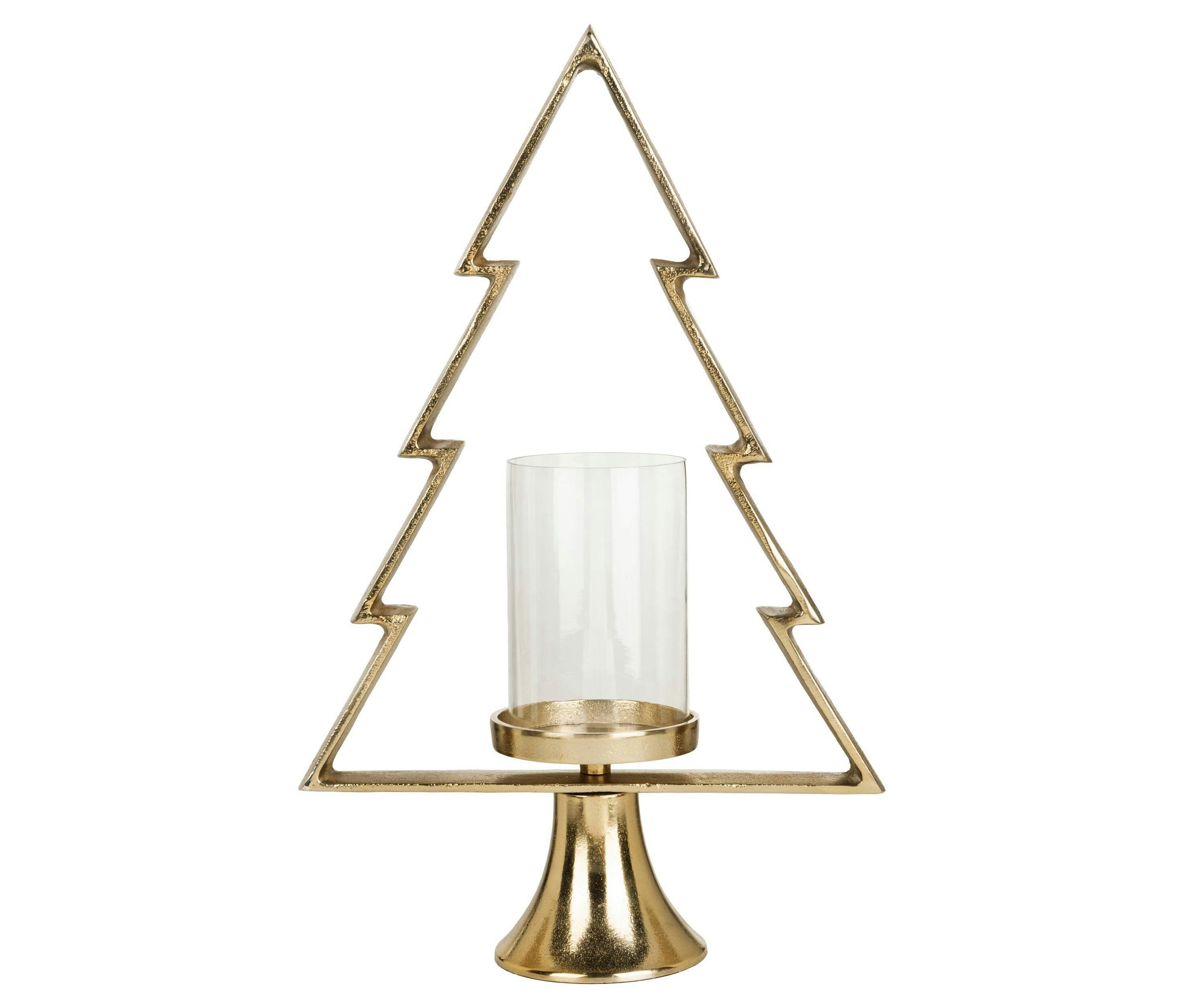 Goldener Eglo Mukayle Kerzenständer in Form eines Weihnachtsbaums mit zylindrischem Glaseinsatz.