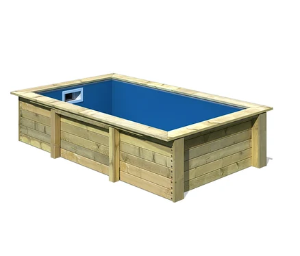 Rechteckiges Karibu Gartenpool-Set mit blauer Innenfolie und Holzverkleidung.