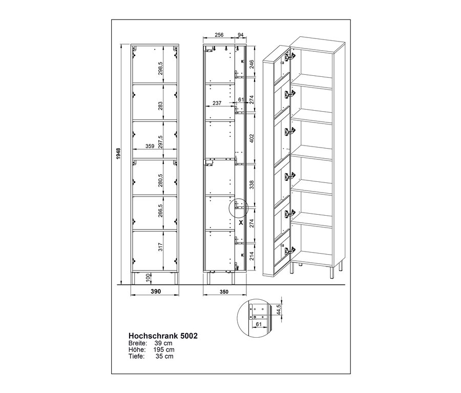 Technische Zeichnung des Hochschranks »Namsos 5002« mit Maßangaben.