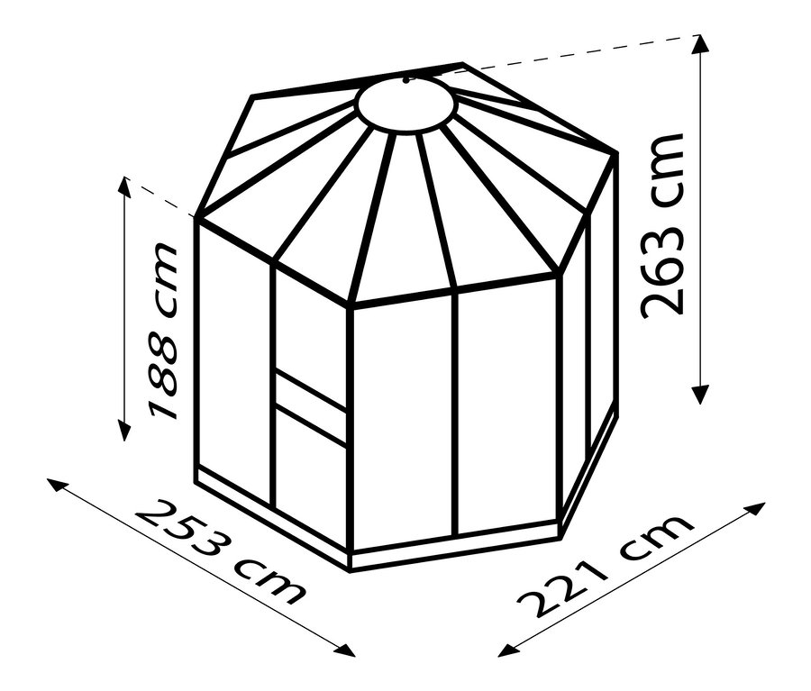 Abmessungen des smaragdgrünen Vitavia Gewächshaus Pavillons 4,5 m² inkl. Fundamentrahmen.