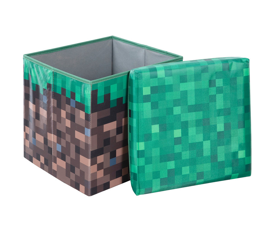 Geöffnete, kleine, pixelige Minecraft Sitz-und-Aufbewahrungsbox mit Deckel daneben.