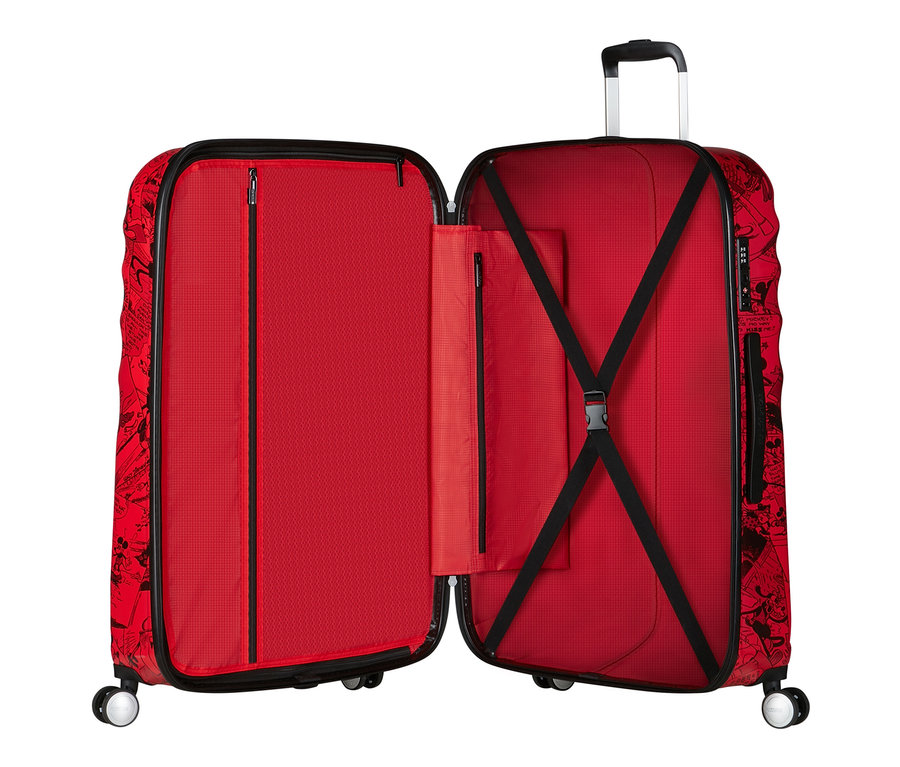 Offener, grosser American Tourister Wavebreaker »Mickey Mouse« Koffer mit roter Innenausstattung und schwarzen Gurten.