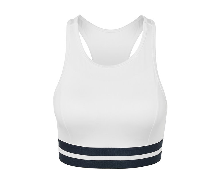 Weißes Sport-Bustier »Crop Top« mit dunkelblauem Streifen unten.