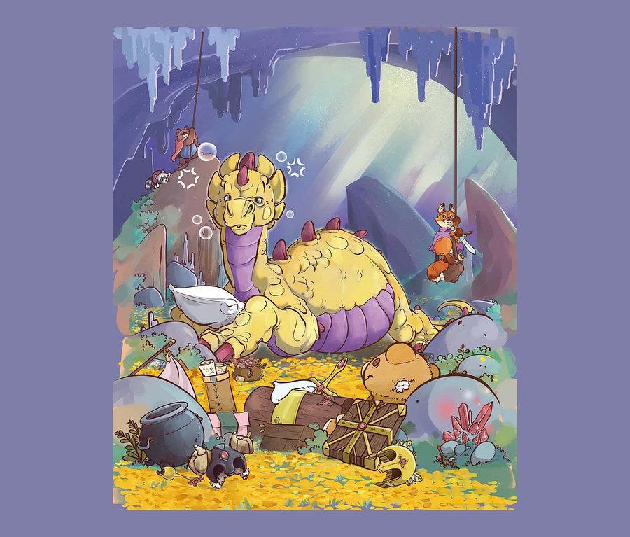 Illustration eines gelben Drachen, der auf einem Haufen Schätze liegt, mit dem Spiel »Dream Dragon Dream«.