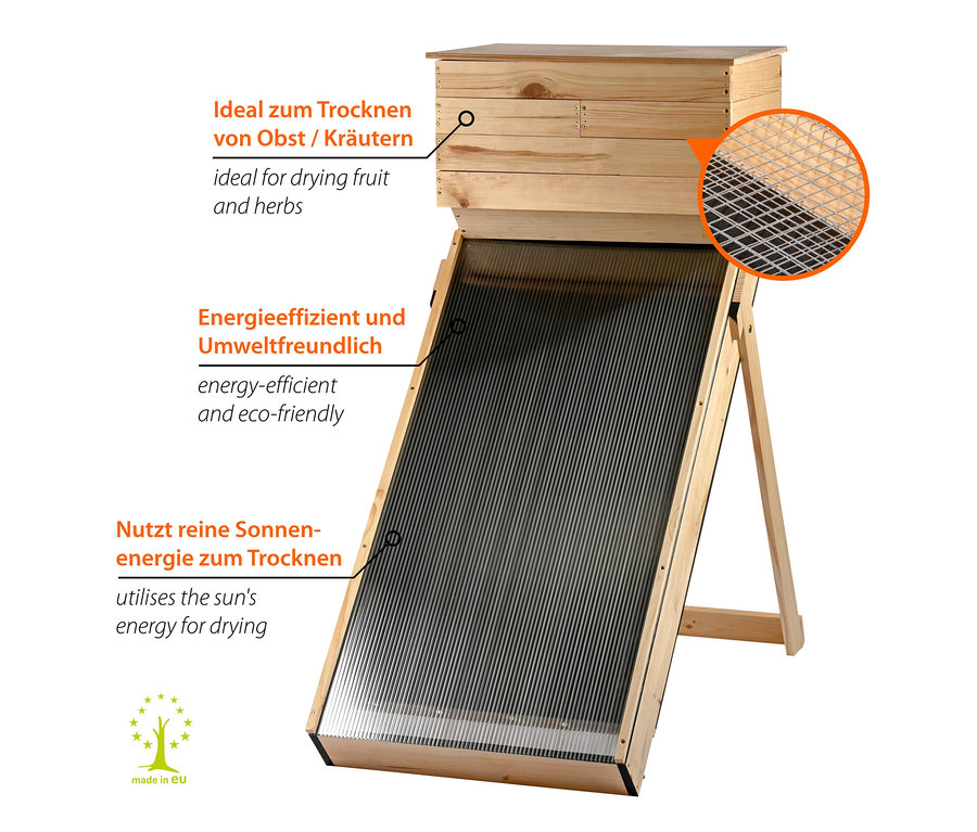 Solar-Dörrschrank aus Holz zum Trocknen von Obst und Kräutern.