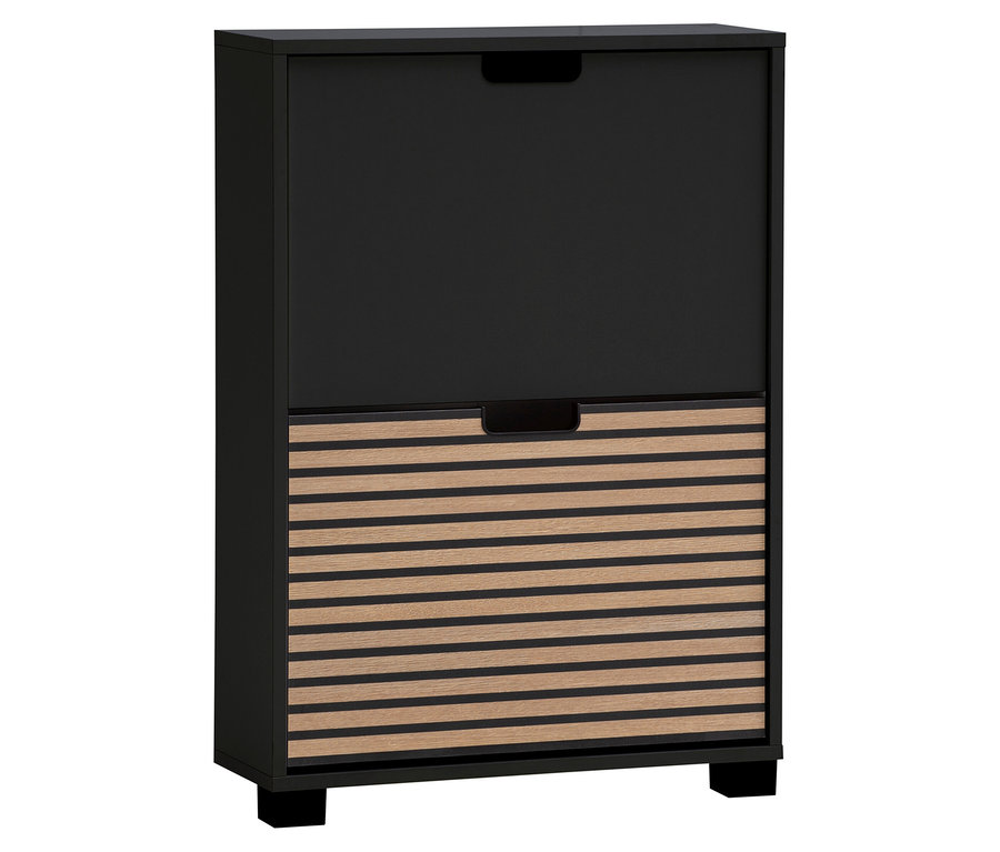 Schwarzer Schuhschrank mit zwei Fächern und Lamellentüren.