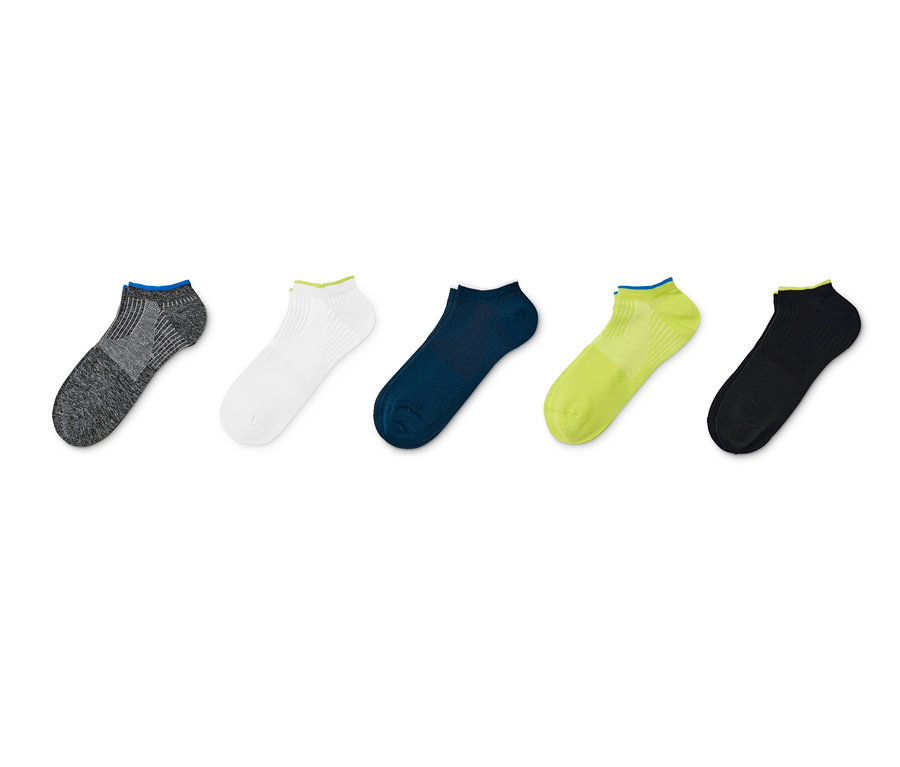 Fünf Paar blaue, lime- und graue Sport-Sneakersocken.