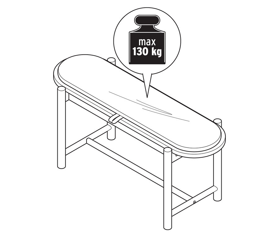 Eine Zeichnung einer ovalen Bank mit einer maximalen Tragfähigkeit von 130 kg.