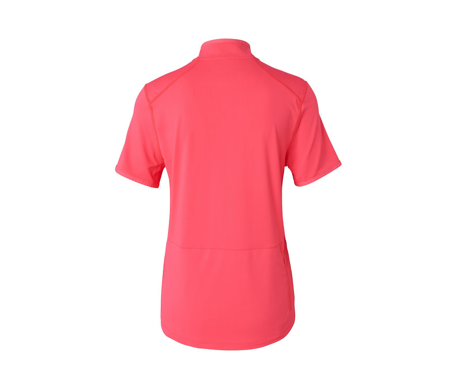 Detailansicht der Rückseite eines pinken Kurzarm-Rad-Shirts.